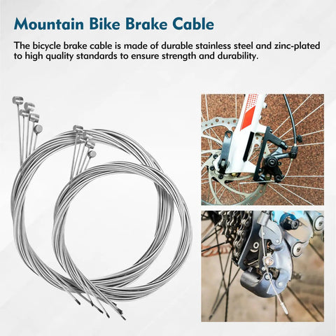 Premium Zinc Coated Bike Brake Cable Kit With Caps Set Includes 110cm And 150cm Cables, shown with close-up bike installation