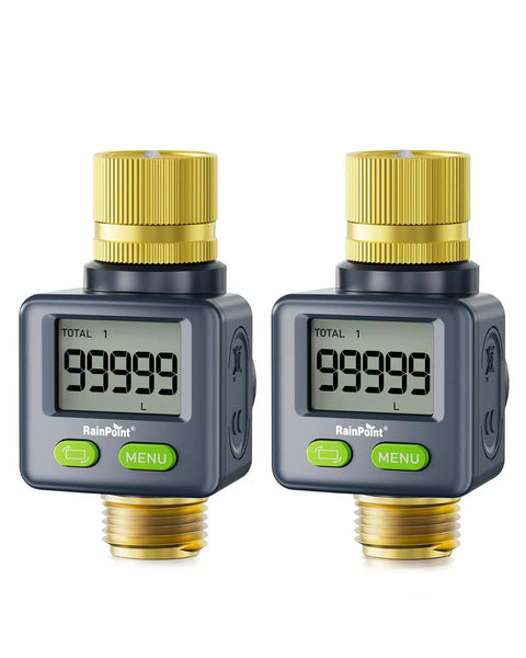 Brass Inlet And Outlet Water Flow Meter With 180 Degree Screen Flip For Easy RV Fillups Gallons Or Liters Measurement Pack of 2