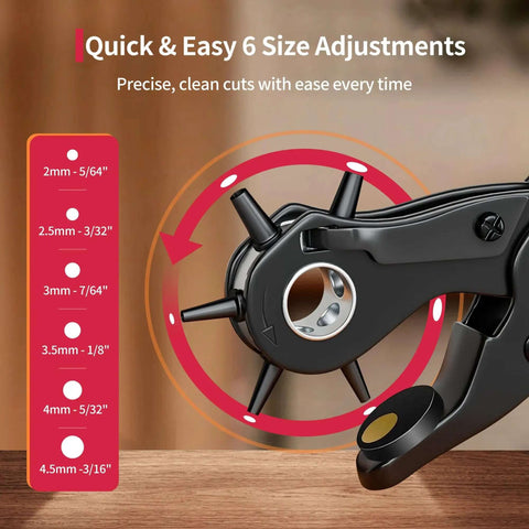Beefy Rotary Leather Hole Punch Kit showing six adjustable hole sizes from 2mm to 4.5mm, ideal for belts and leatherwork.