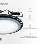 UFO LED High Bay Light 150W Dimmable, 19,479 Lumens, 5000K Daylight with 5ft cord and plug, UL DLC Premium, Waterproof IP69K.