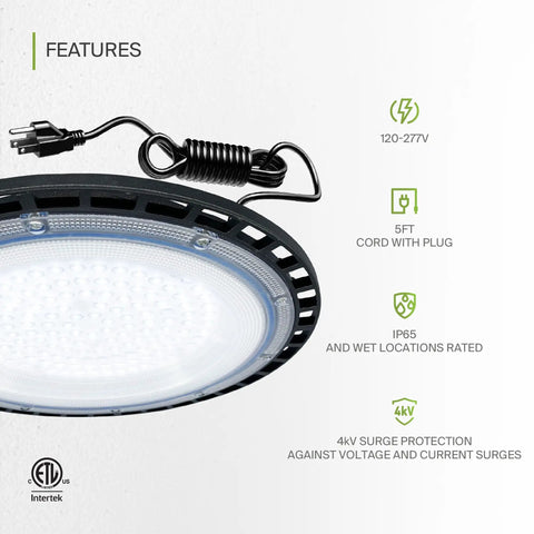 UFO LED High Bay Light 150W Dimmable, 19,479 Lumens, 5000K Daylight with 5ft cord and plug, UL DLC Premium, Waterproof IP69K.