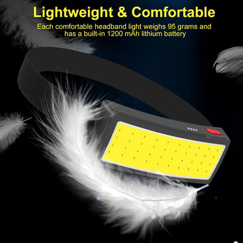 Rechargeable USB Headlamp Flashlight 1500 Lumen Wide Beam LED 3 Lighting Modes next to feather symbolizing lightweight design