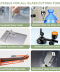 Various glass cutting tools suitable for use with Glass Cutting Oil For Cutters Pro Grade Lubricant That Extends Cutter Life Keeps Cuts Smooth As Butter And Clean Ideal For Stained Glass Mirrors And Tile Work For DIY Projects.