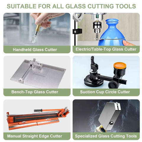 Various glass cutting tools suitable for use with Glass Cutting Oil For Cutters Pro Grade Lubricant That Extends Cutter Life Keeps Cuts Smooth As Butter And Clean Ideal For Stained Glass Mirrors And Tile Work For DIY Projects.