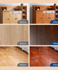 Before and after transformation of furniture and flooring using Dark Walnut Wood Stain And Sealer 32 Oz Quart.