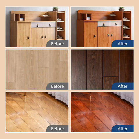 Before and after transformation of furniture and flooring using Dark Walnut Wood Stain And Sealer 32 Oz Quart.