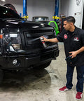 Man detailing truck with Workhorse Pro Microfiber Towels For Cars, 16x16 Inch, Ultra Soft Scratch Free Detailing Cloths, Scratch Resistant.