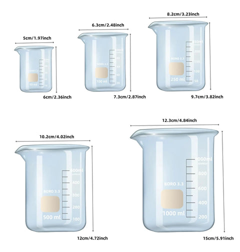 Lab Beaker Set 3.3 Borosilicate Glass Low Form Pack Of 5 50 ML 100 ML 250 ML 500 ML 1000 ML Heat Resistant And Durable For Lab Classroom Home And Industrial Use.