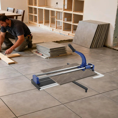 Heavy Duty 24 Inch Manual Tile Cutter For Ceramic And Porcelain Floors Includes Tungsten Blade Ruler And Balancing Rack in use on tile floor.
