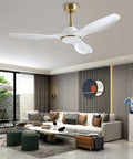 52 Inch Modern Ceiling Fan With Slick White And Gold Trim Hosting A Heavy Duty DC Motor That Pushes Sweet Cooling Airflow Quick While Delivering Zero Hassle Remote Operation Plus Soft Led Glow in a modern living room.