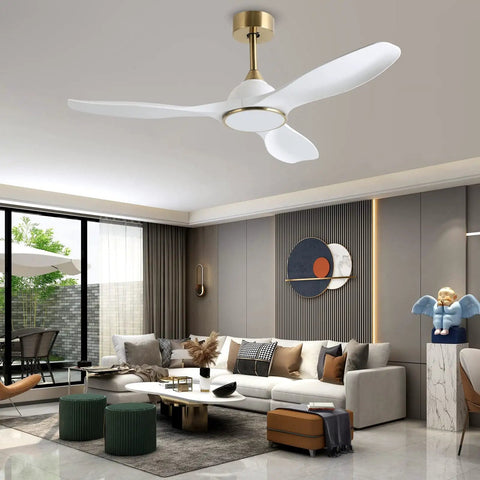 52 Inch Modern Ceiling Fan With Slick White And Gold Trim Hosting A Heavy Duty DC Motor That Pushes Sweet Cooling Airflow Quick While Delivering Zero Hassle Remote Operation Plus Soft Led Glow in a modern living room.