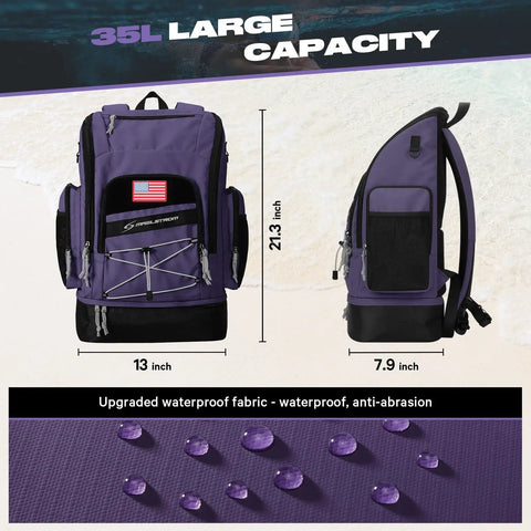 35L Waterproof Swim Backpack With Separate Shoes Compartment, Gym And Beach Ready Swim Bag For Men And Women, side and front view, purple