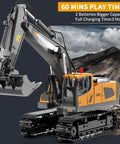 RC excavator toy with orange body, metal digging arm, and tracked chassis (side-front view)