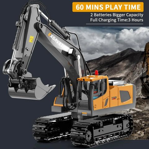 RC excavator toy with orange body, metal digging arm, and tracked chassis (side-front view)