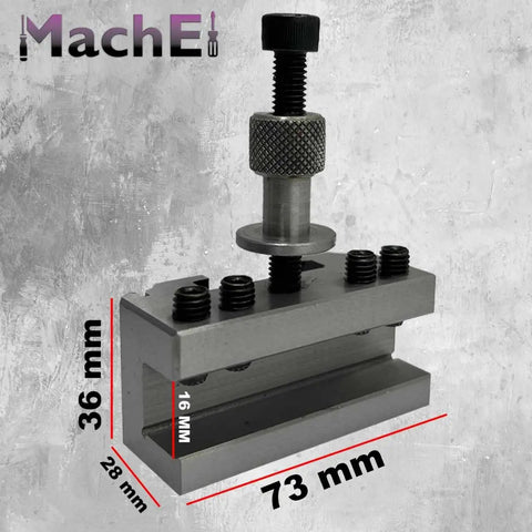Go-To Quick Change Tool Post Holder For Boxford Warco And Similar Size Lathes, 73x36 mm, metal construction with measurements