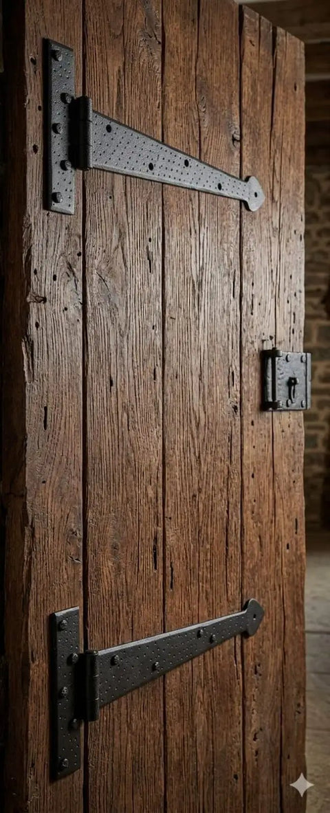 Pointed Arrow Decorative Iron Hinges For Barn Doors And Large Entryways Black Powder Coated on wooden door.