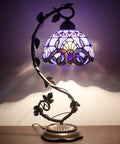 Tiffany Style Table Lamp With Blue Purple Stained Glass, Baroque Inspired Reading Desk Light, Metal Leaf Base, 21 Inch Tall
