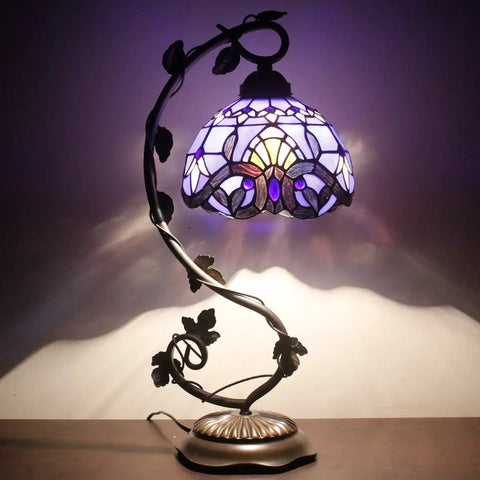 Tiffany Style Table Lamp With Blue Purple Stained Glass, Baroque Inspired Reading Desk Light, Metal Leaf Base, 21 Inch Tall