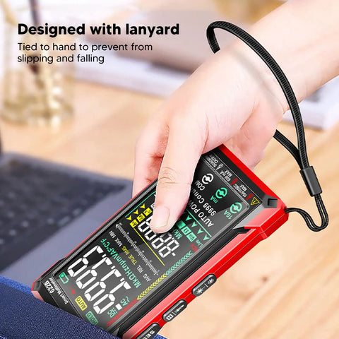 Person using Smart Touch Screen Digital Multimeter Kit With Large Display No Fuss Rechargeable Fully Automatic Auto Range Ohm Volt Amp Tester for home workshop and DIY electrical checks, with lanyard attached.