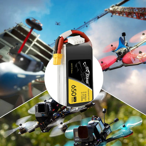 Pro Grade 11.1V 650mAh 75C 3S1P LiPo Battery Pack with XT30 Plug for 90 to 180 size drones against flying drone backdrop.