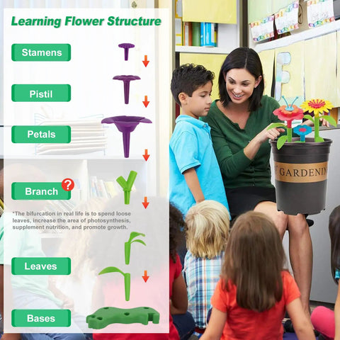 Teacher showing Flower Garden Building Kit For Kids 120 Piece Bouquet Toy Set to preschoolers in classroom STEM activity