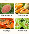 Sliced watermelon, cantaloupe, papaya, and other fruits with 3 In 1 Watermelon Cutter Slicer Fork Tool in Stainless Steel.