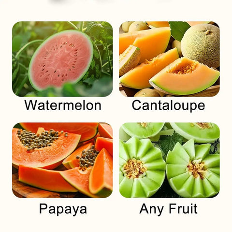 Sliced watermelon, cantaloupe, papaya, and other fruits with 3 In 1 Watermelon Cutter Slicer Fork Tool in Stainless Steel.