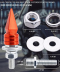 Close-up of 4 Pack Dope Spike License Plate Screws Anti Theft Fasteners Kit Universal Fit For Cars Trucks And Motorcycles Orange Stainless Steel And Aluminum Alloy For Enhanced Style And Durability Easy To Install, showing all components including threaded bolts, nuts, washers, and an orange spiked screw.