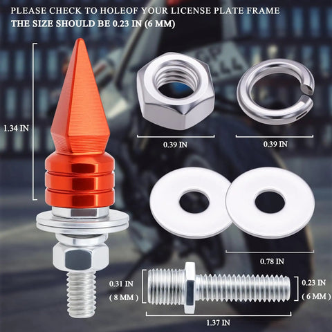 Close-up of 4 Pack Dope Spike License Plate Screws Anti Theft Fasteners Kit Universal Fit For Cars Trucks And Motorcycles Orange Stainless Steel And Aluminum Alloy For Enhanced Style And Durability Easy To Install, showing all components including threaded bolts, nuts, washers, and an orange spiked screw.