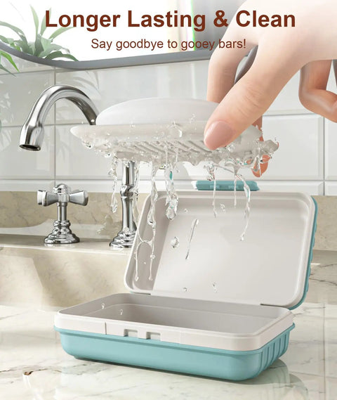 Leakproof Bar Soap Holder With Lid For Shower Portable Travel Soap Case Blue in sink with drainage feature