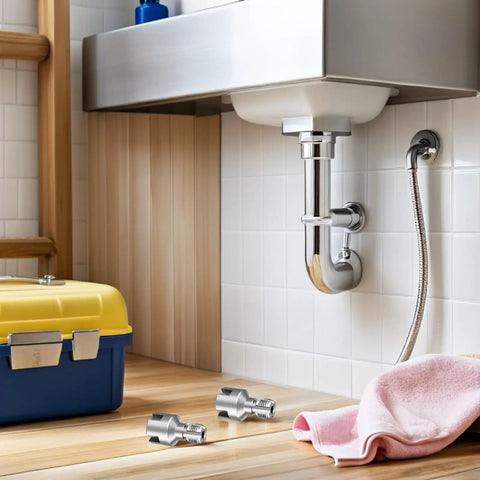 Go-To Portable Internal And External Pipe Threading Tool Kit For 1/2-Inch And 3/4-Inch Plastic Water Pipes, Carbon Steel Dual-Function Design With Clean Thread Cutting For Leak-Proof Plumbing; shown on sink and fittings