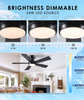 Sleek 46 Inch Flush Mount Ceiling Fan With Integrated Light Kit And Wireless Remote, Five Reversible Matte Black Blades, Three Color Dimmable LED Lighting showcased with brightness levels.