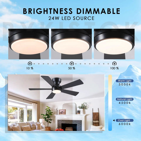 Sleek 46 Inch Flush Mount Ceiling Fan With Integrated Light Kit And Wireless Remote, Five Reversible Matte Black Blades, Three Color Dimmable LED Lighting showcased with brightness levels.