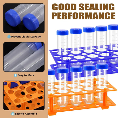 28 Well Plastic Test Tube Rack Kit With Detachable Stand and Blue Orange Rack Includes 25 Pieces of 50ml Tubes With Screw Caps