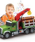Epic 15 Inch Logging Truck Toy For Kids Ages 3 To 8 With Loading Crane And Six Timber Trunks, Lights And Sounds, Boy Playing