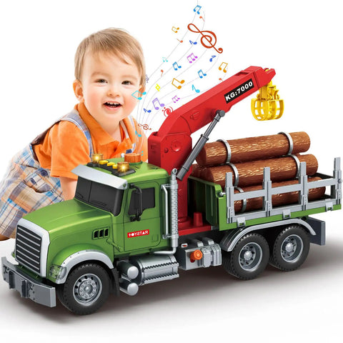 Epic 15 Inch Logging Truck Toy For Kids Ages 3 To 8 With Loading Crane And Six Timber Trunks, Lights And Sounds, Boy Playing