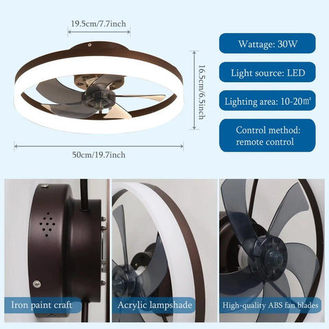 20 Inch Flush Mount Ceiling Fan With Remote And App Control Black Slick Low Profile Modern Ceiling Fan With 6 Speeds And Dimmable LED Lights Quiet Energy Efficient For Bedroom And Living Room, showing dimensions and materials