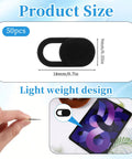50 Pack Ultra Slim Webcam Covers showing dimensions and lightweight design, ideal for laptops and tablets.
