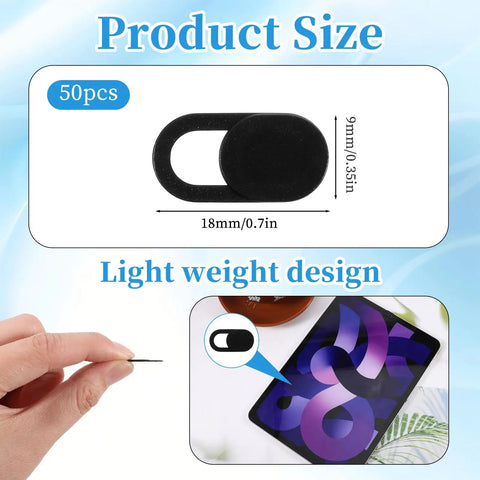 50 Pack Ultra Slim Webcam Covers showing dimensions and lightweight design, ideal for laptops and tablets.