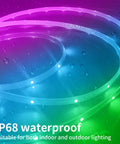 50ft Outdoor LED Strip Lights Waterproof IP68 RGB With Button And Bluetooth App Control lit up in rainbow colors under water droplets