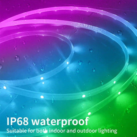 50ft Outdoor LED Strip Lights Waterproof IP68 RGB With Button And Bluetooth App Control lit up in rainbow colors under water droplets
