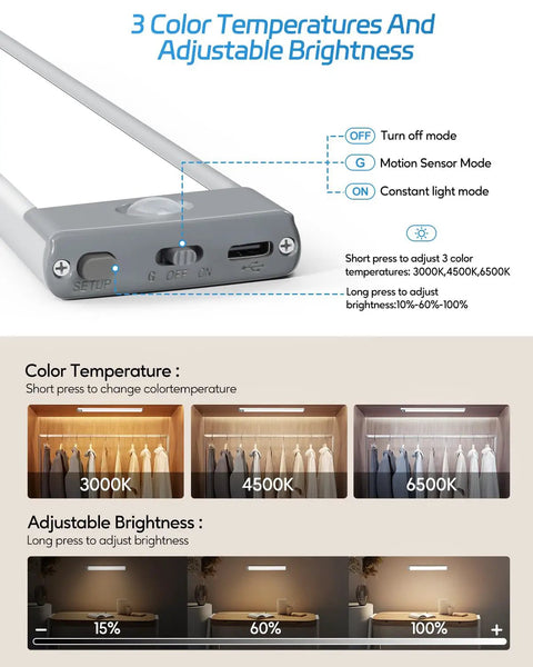 Under Cabinet Lights With Motion Sensor, 35 LEDs Up To 210 Lumens, 3 Color Temperatures, showing control buttons and brightness settings