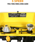 Heavy Duty 8 Inch Benchtop Drill Press With Five Speed Settings And One Third Horsepower Motor speed settings display inside yellow cover.