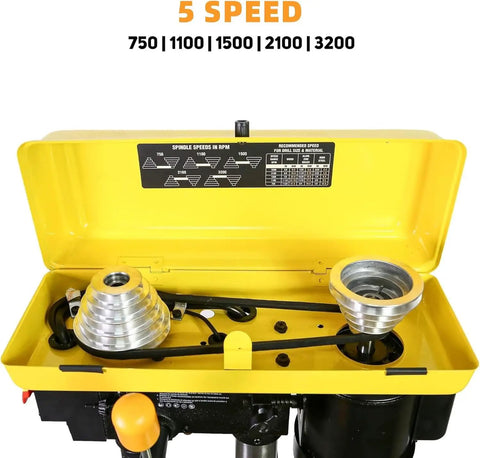 Heavy Duty 8 Inch Benchtop Drill Press With Five Speed Settings And One Third Horsepower Motor speed settings display inside yellow cover.