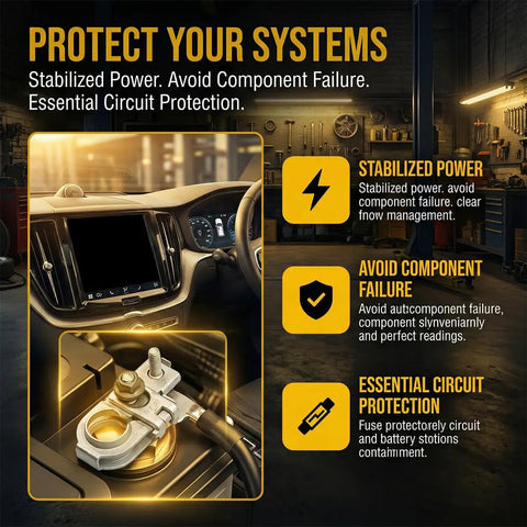 Built Tough Zinc Alloy Car Positive Battery Terminal Connector Replaces Oem 91980 3X010 in vehicle with circuit protection details.
