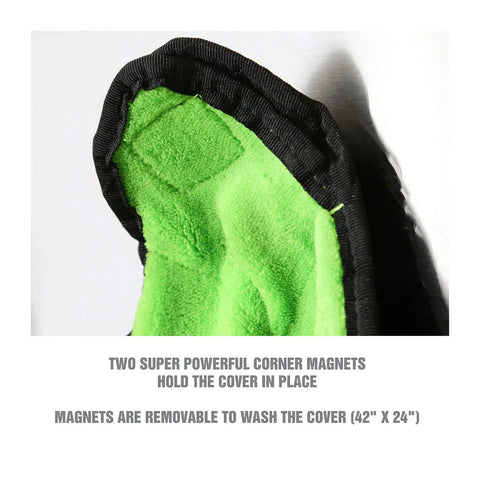 Close-up of magnetic fender cover for mechanics, showing powerful corner magnets and soft green lining, 42 by 24 inch size.