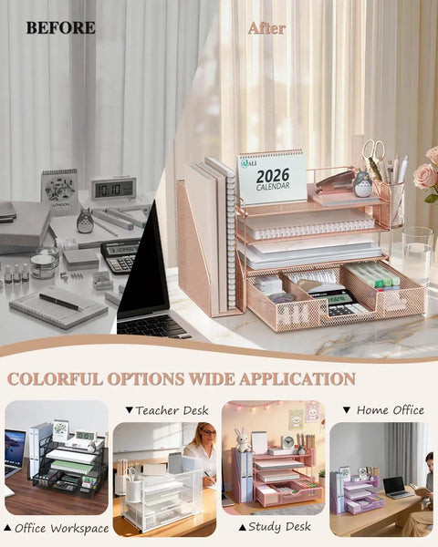 Comparison image of a desk before and after using Rose Gold 4 Tier Desk File Organizer With 4 Letter Trays Vertical File Holder Sliding Drawer And 2 Pen Holders For Desktop Organization For Office Home Or School Keeps Papers And Gear Neat And Handy.