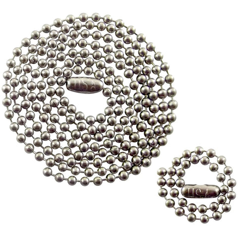 Stainless Steel Military Dog Tag Chain Set with two ball chains, 27 inch and 4.5 inch, MilSpec size three 2.4mm made in USA rust resistant T304