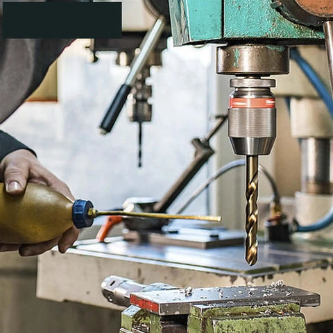 Professional 19 Piece Cobalt Drill Bit Set M35 Hssco 1.0 To 10mm Spiral Twist Bits in use on a drill press for metal woodworking.