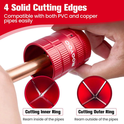 Red ROGVOC deburring tool for PVC/copper/aluminum pipes; inner and outer cutting rings with 4 cutting edges